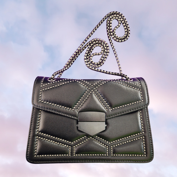 Black Sleek Faux Leather Studded Goth Punk Clutch Purse Chain Strap - Picture 1 of 9